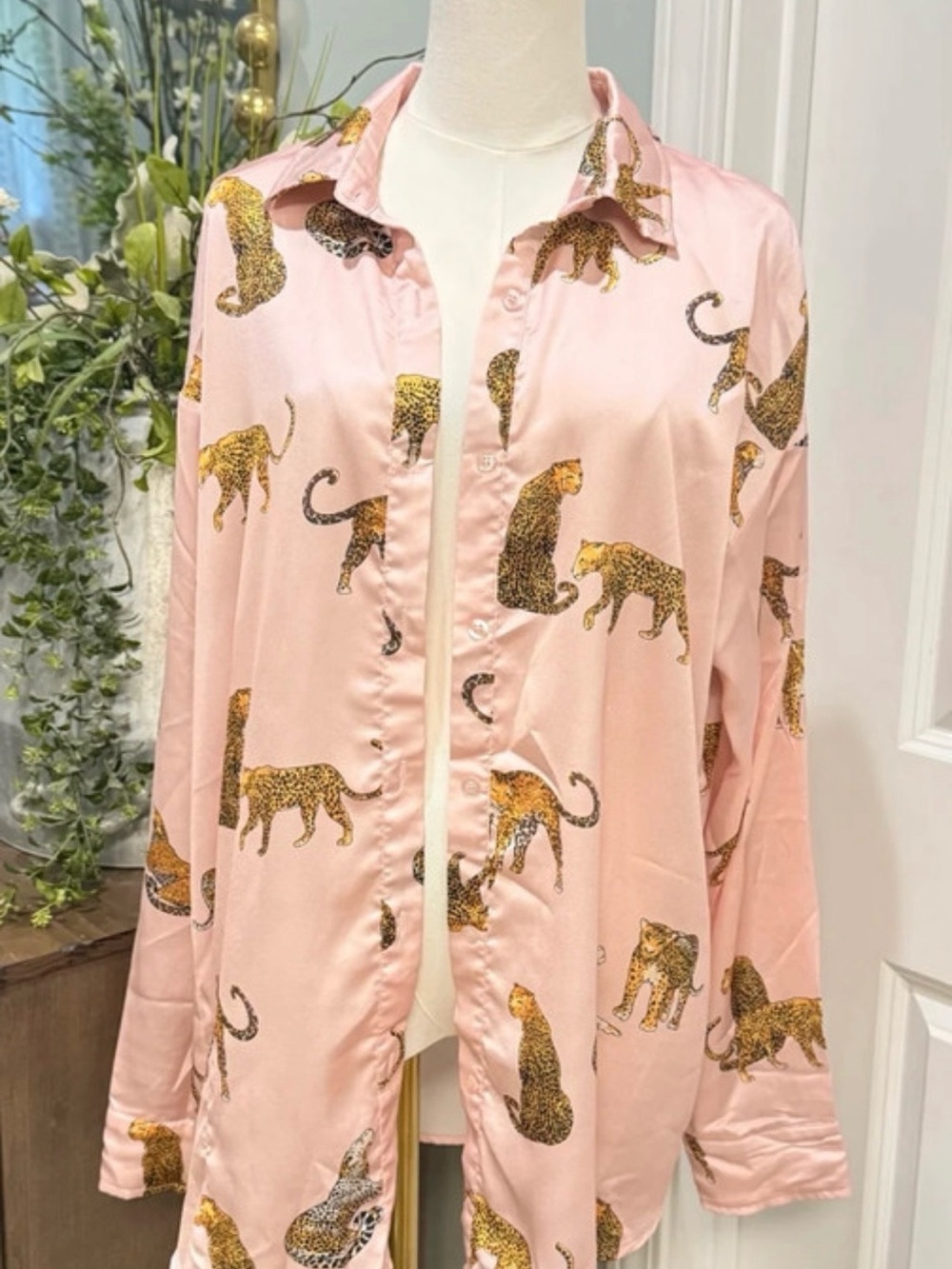 Pink Leopard-Print Satin Long Sleeve Button Up Top